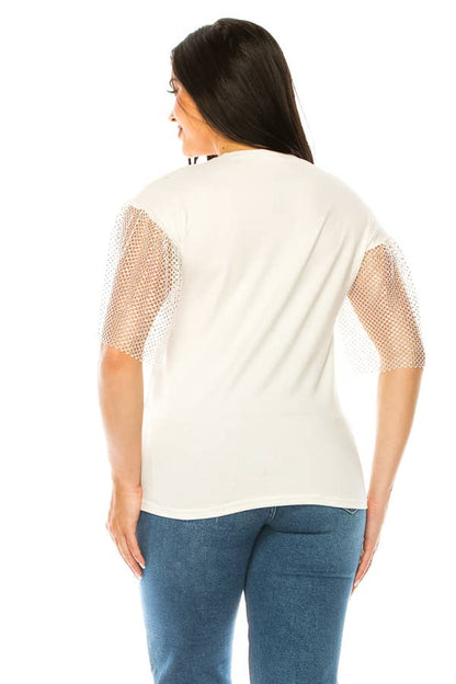 (ST2736)Fishnet Sleeves Mosaic T-shirts: Black / L