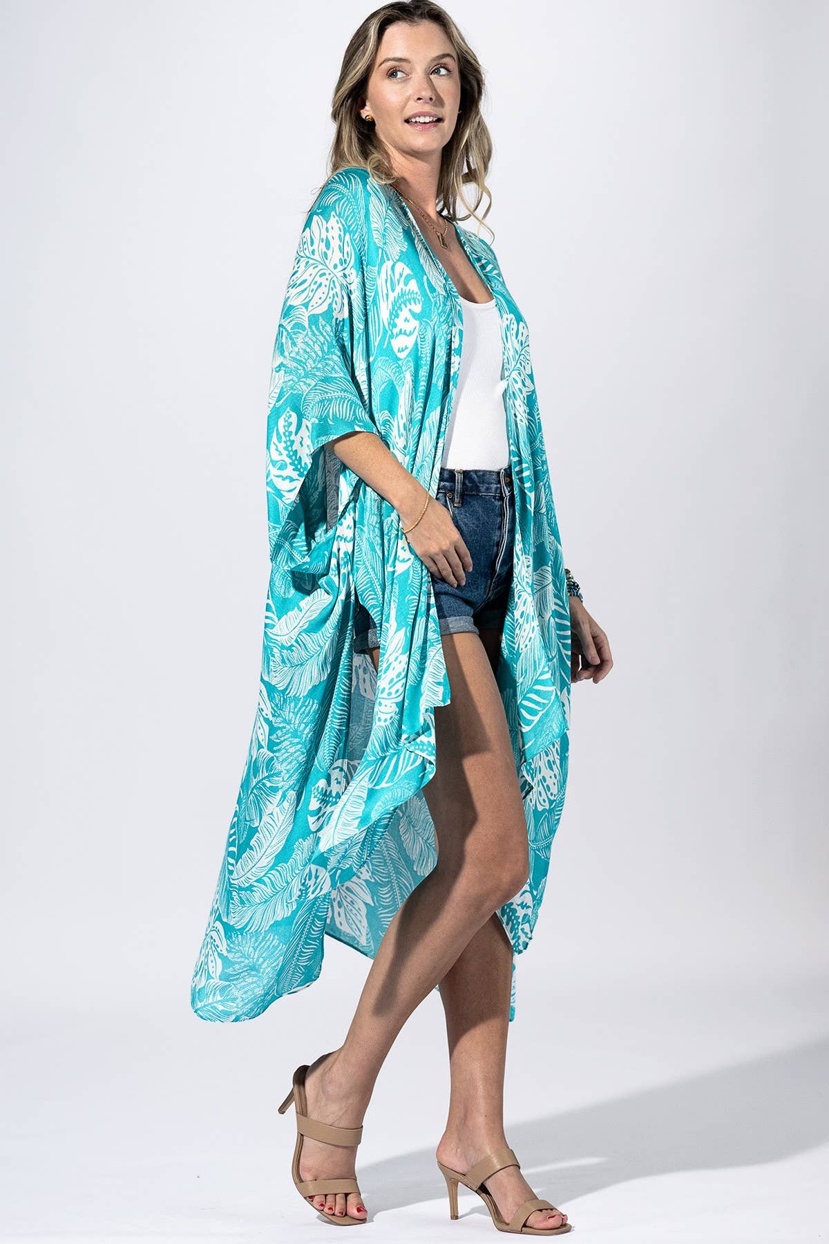 Aqua Palm-Leaf Kimono: AQUAMARINE / 2 / One Size