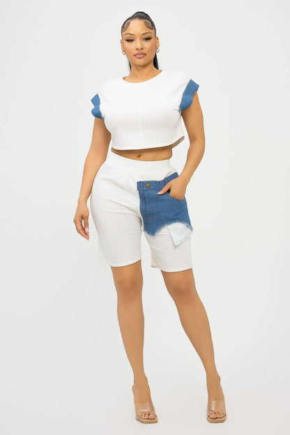 Color Block Denim Sleeve Top And Biker Shorts Set: Mocha-Denim / 1-2-2-1 (S-M-L-XL)
