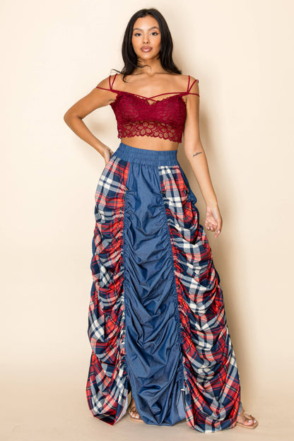 PLAID AND DENIM MAXI SKIRT WITH DRAWSTRINGS