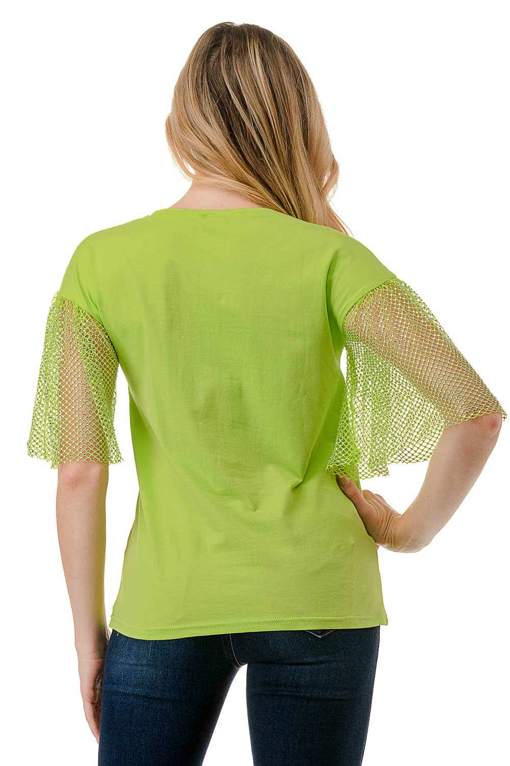 (ST2736)Fishnet Sleeves Mosaic T-shirts: Black / M