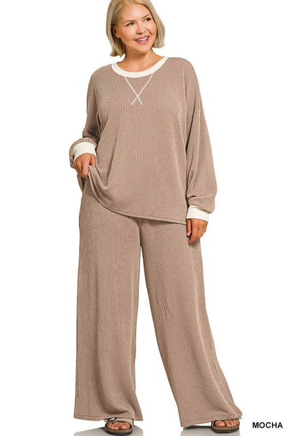 Plus Raised Rib Round Neck Pullover & Pants 2PC Set: +HUNTER GREEN-205253 / 2X