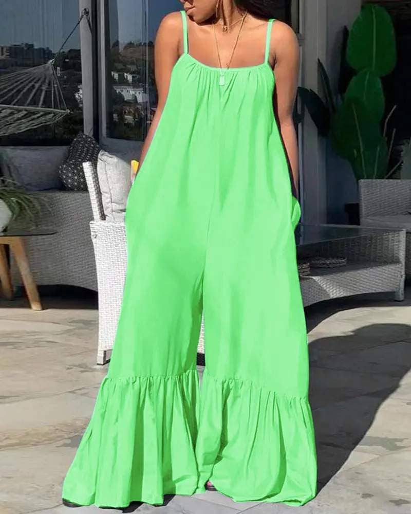 Sleeveless ruched pocket design bootcut jumpsuit: GREEN / 1-1-1-1 / S-M-L-XL