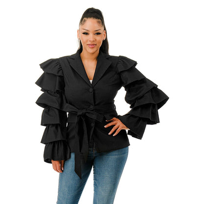 Plus Layered Ruffle Sleeve Waist Tie Blazer Jacket: OLIVE / 1XL-2XL-3XL(1-1-1)