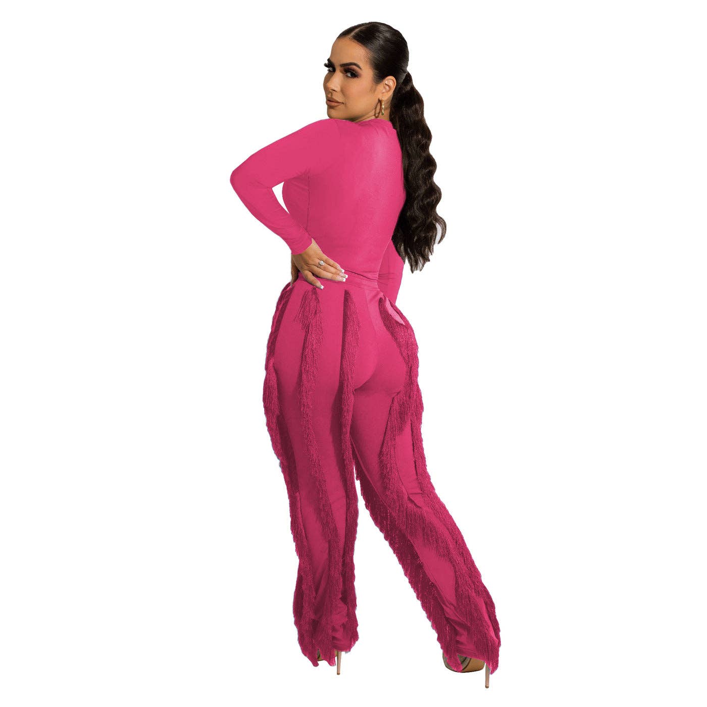 MB FASHION Long-Sleeve Fringe Top and Pants Set 223LY: ORANGE / M