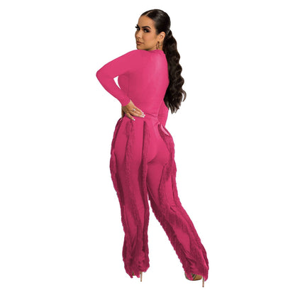 MB FASHION Long-Sleeve Fringe Top and Pants Set 223LY: ORANGE / M