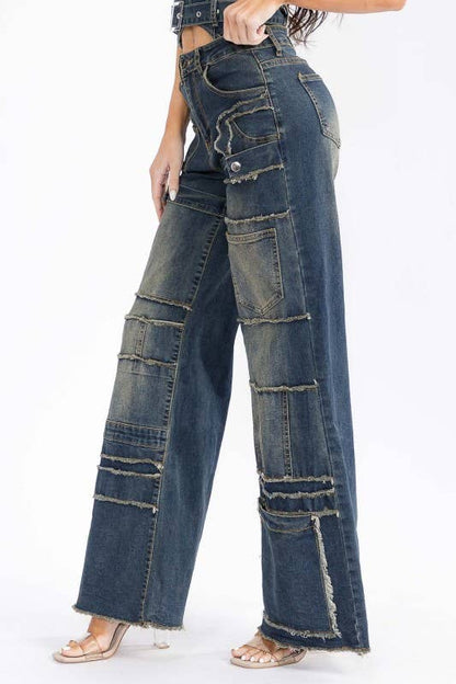 Plus Size Denim Jeans Pockets Baggy Wide Legs Pant: Denim / 3XL