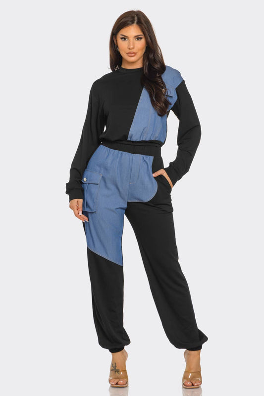 French Terry Color Block Denim Detail Top Pockets Pants Set: Black / 2-2-2 (S-M-L)