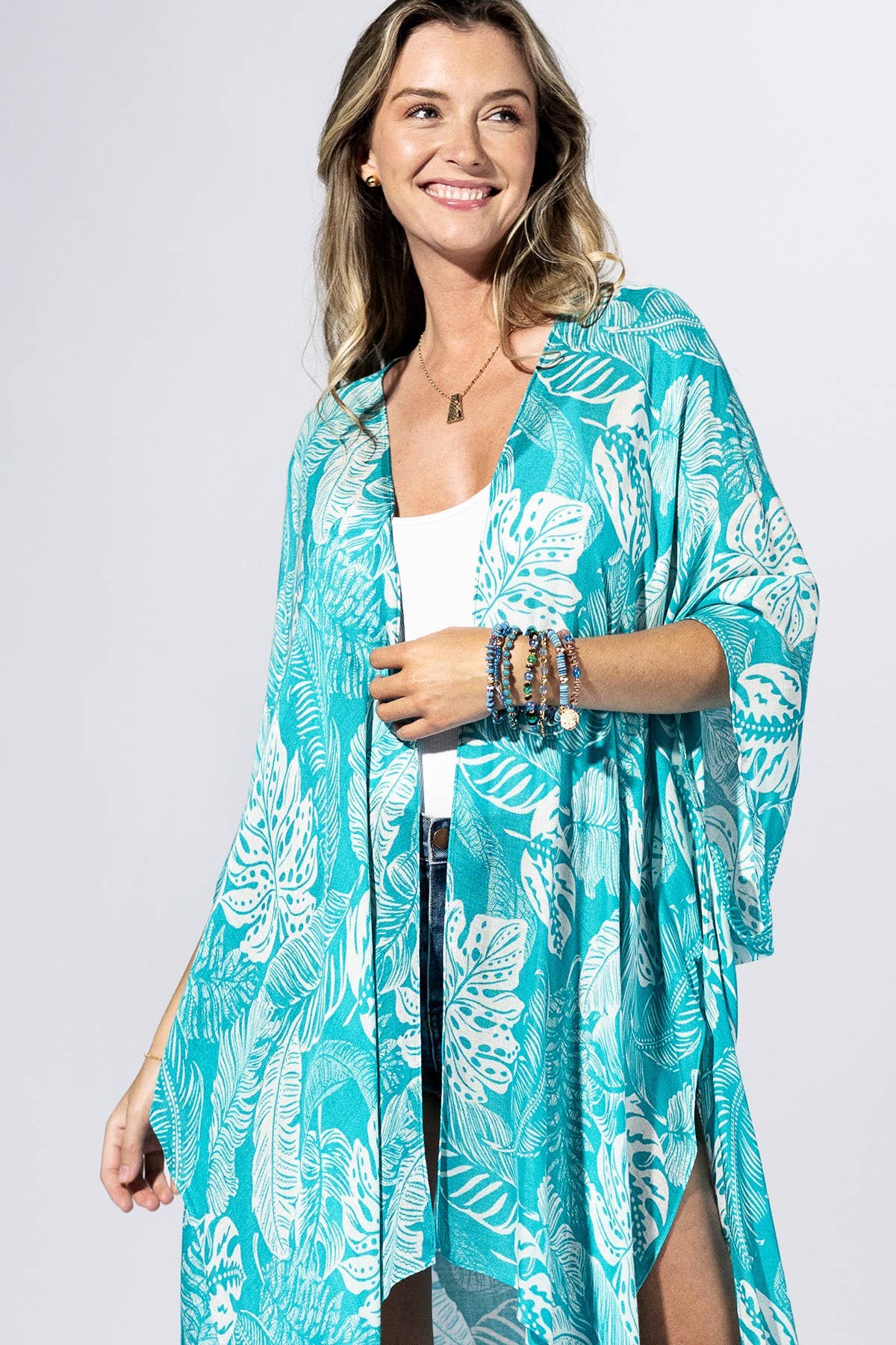 Aqua Palm-Leaf Kimono: AQUAMARINE / 2 / One Size