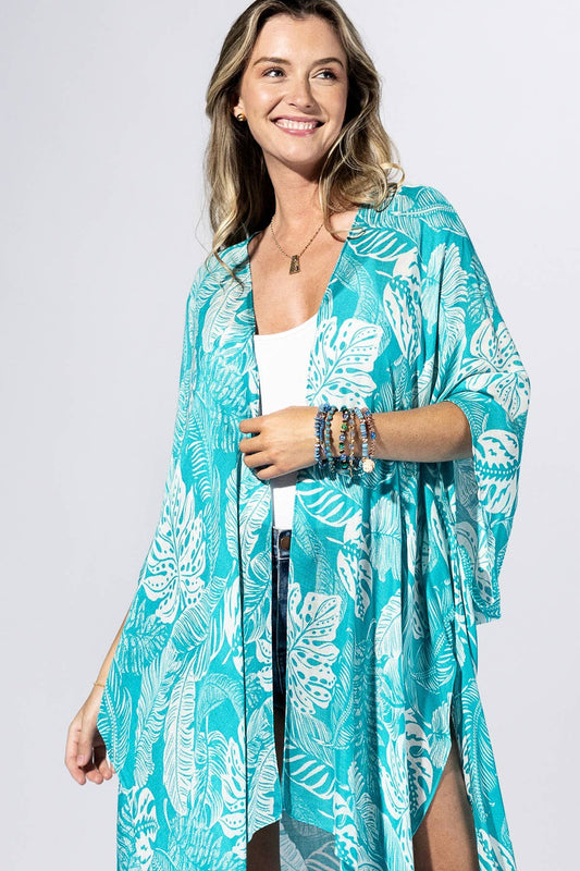 Aqua Palm-Leaf Kimono: AQUAMARINE / 2 / One Size