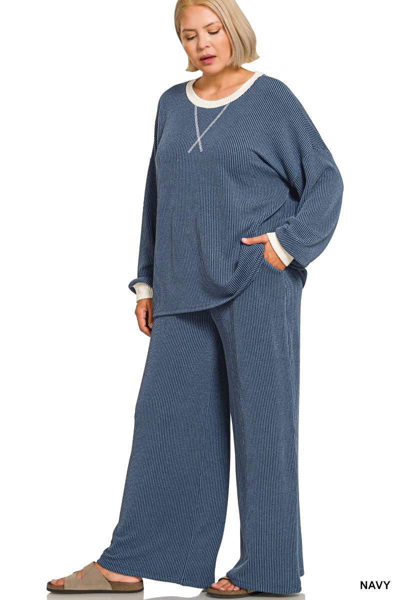 Plus Raised Rib Round Neck Pullover & Pants 2PC Set: +GREY-205252 / 2X