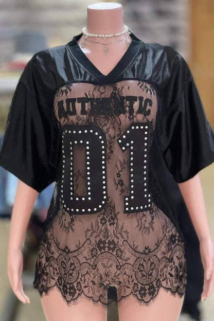 Rhinestone lace patchwork jersey: WHITE / 1-2-2-1 / S-M-L-XL
