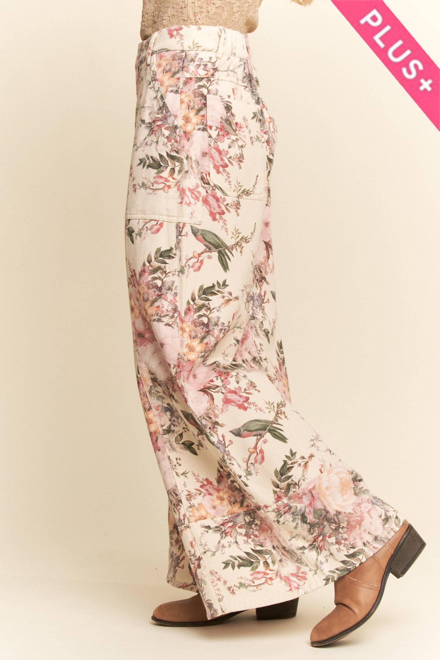 Plus - Washed Floral Print Wide-Leg Pants: NAVY DOT / 3XL