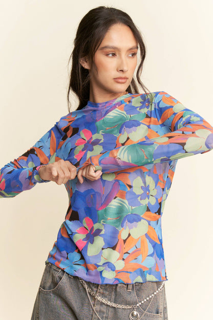 Plus - Vibrant Floral Print Mesh Long Sleeve Top: Pink Multi / 3XL