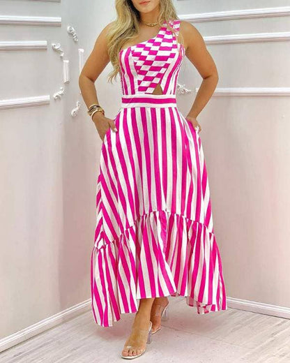 One shoulder striped colorblock casual dress: ORANGE / 1-1-1-1 / S-M-L-XL