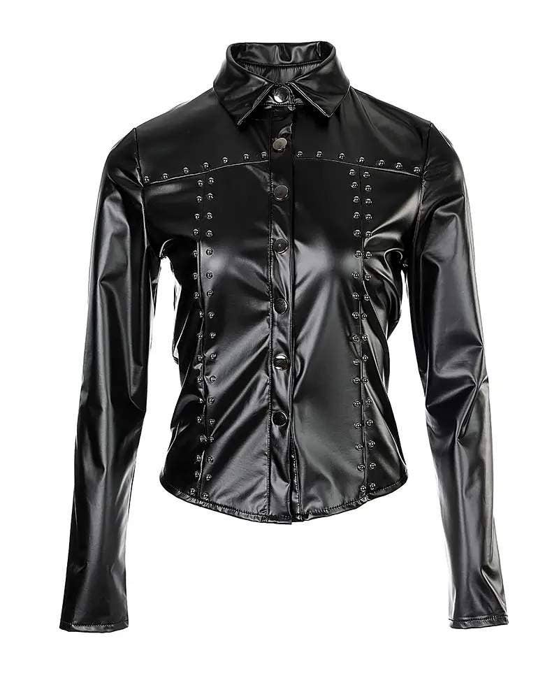 Studded decor pu leather button down shirt: BLACK / 1-1-1-1 / S-M-L-XL