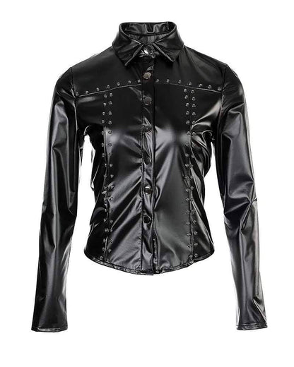 Studded decor pu leather button down shirt: BLACK / 1-1-1-1 / S-M-L-XL