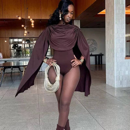 MB FASHION Draped Cape Sleeve Bodysuit 670: BLACK / M