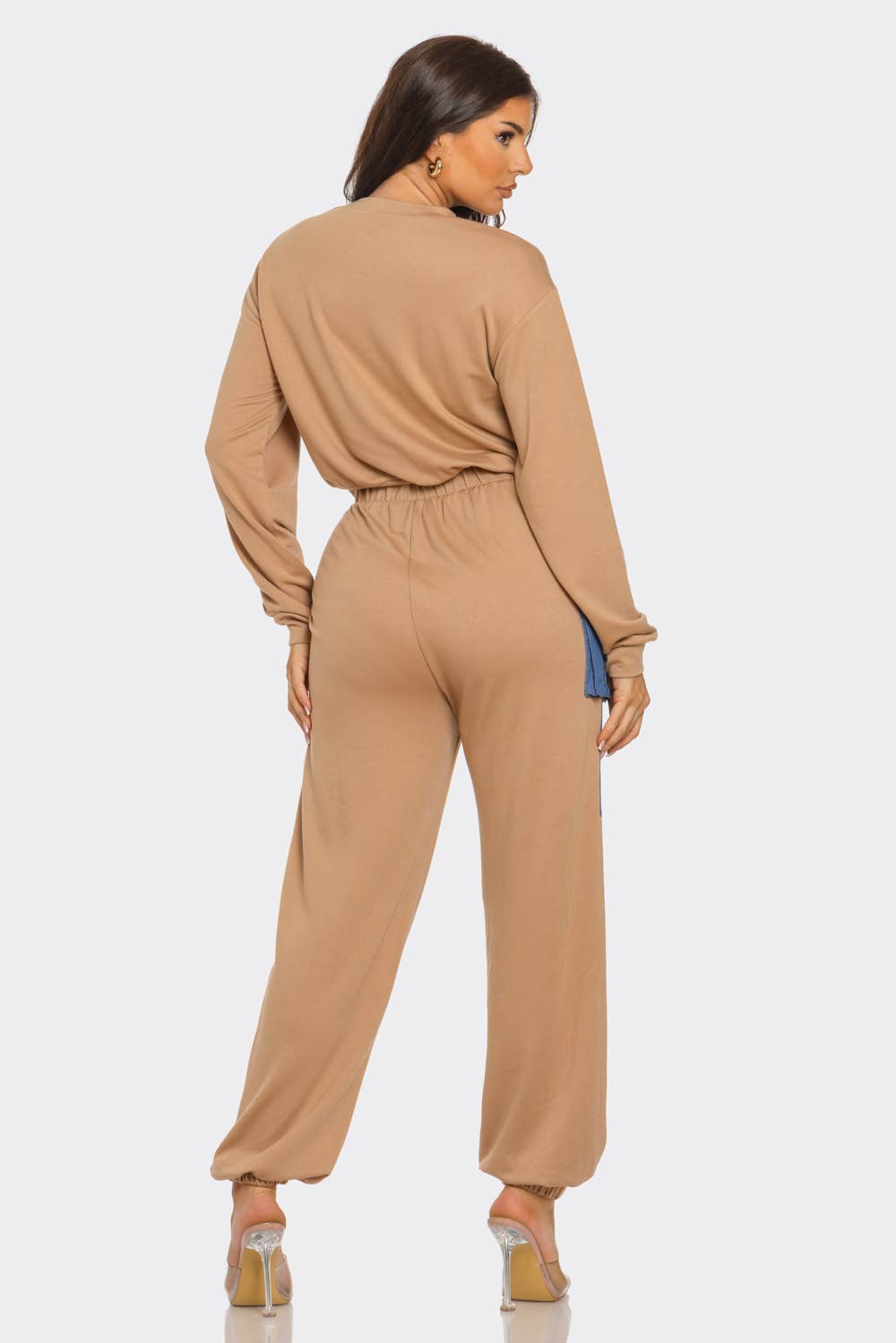 French Terry Color Block Denim Detail Top Pockets Pants Set: Black / 2-2-2 (S-M-L)