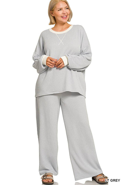 Plus Raised Rib Round Neck Pullover & Pants 2PC Set: +HUNTER GREEN-205253 / 2X