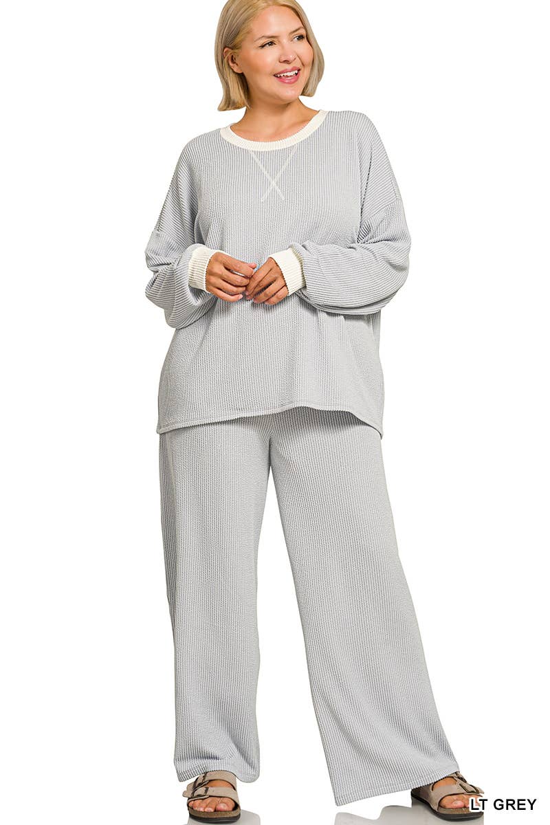 Plus Raised Rib Round Neck Pullover & Pants 2PC Set: +GREY-205252 / 2X