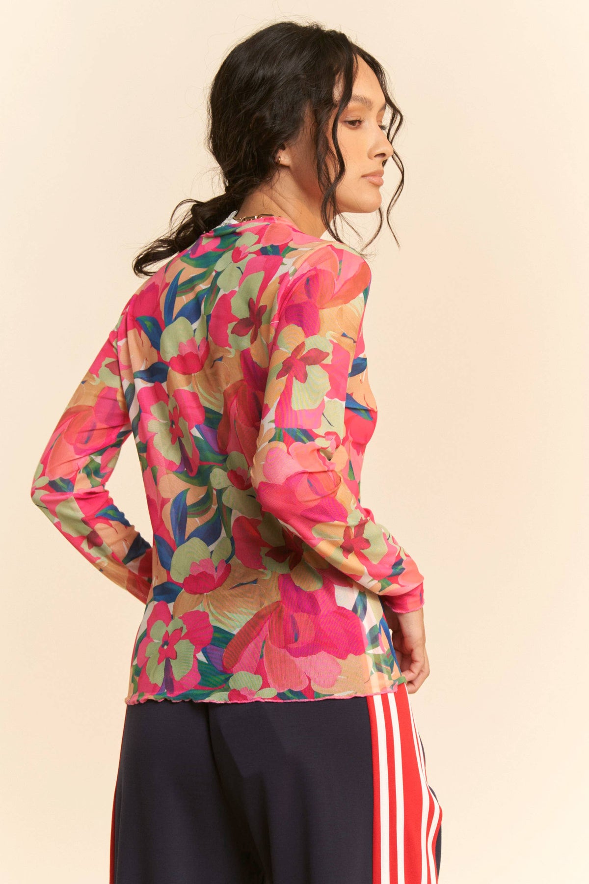 Plus - Vibrant Floral Print Mesh Long Sleeve Top: Pink Multi / 1XL