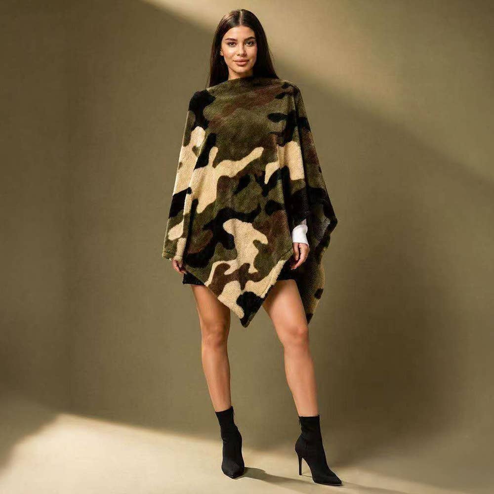 Cozy Plush Faux Fur Camouflage Print Winter Poncho