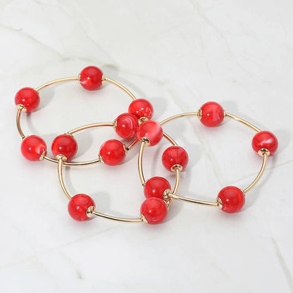 3PCS - Round Ball Wire Beaded Stretch Multi Layered Bracelets: Beige,Gold