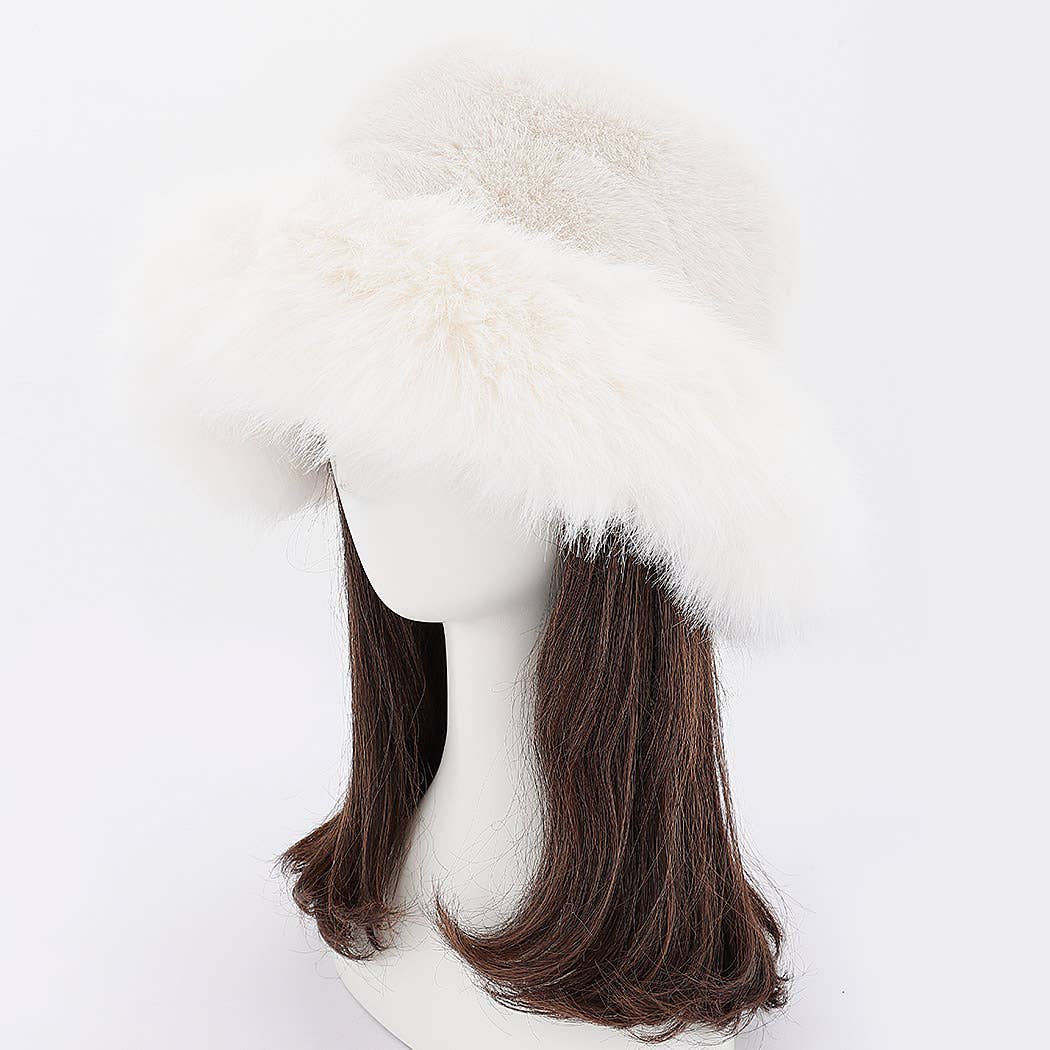 Wide Brim Faux Fur Bucket Hat: CF