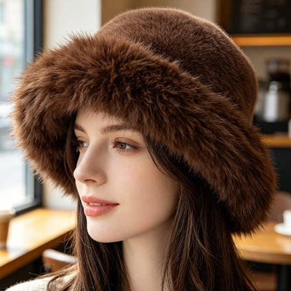 Wide Brim Faux Fur Bucket Hat: BK