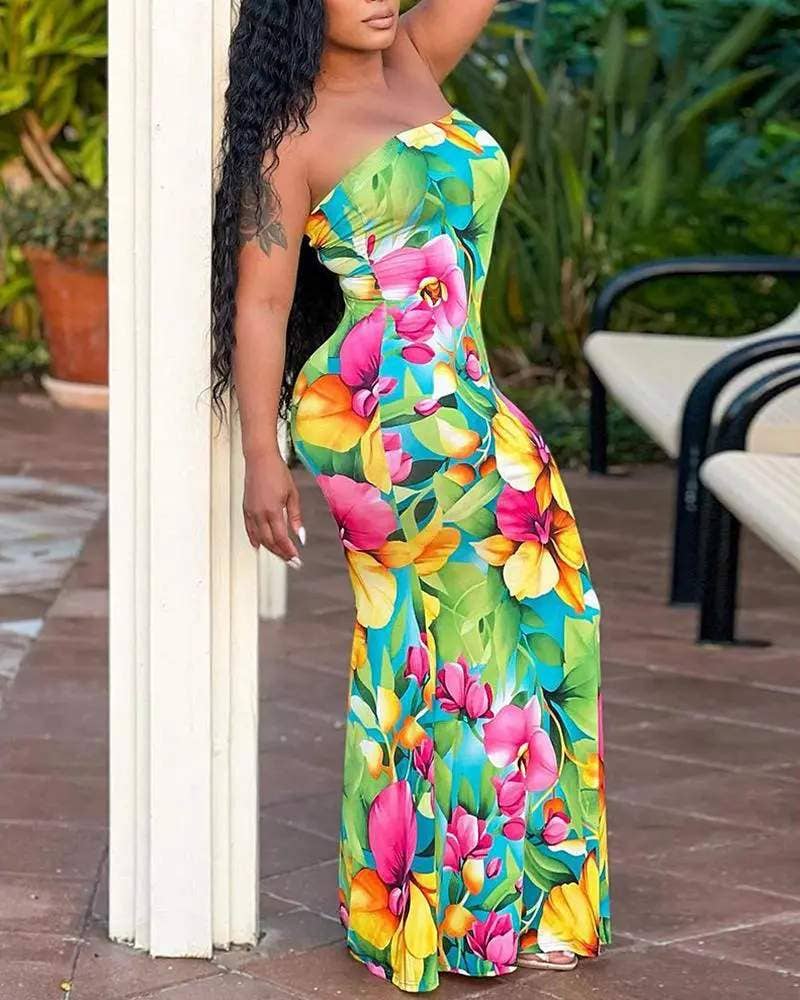 Floral plants print bandeau mermaid dress: GREEN / 1-1-1-1 / S-M-L-XL