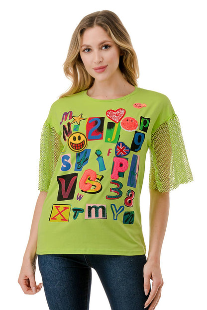 (ST2736)Fishnet Sleeves Mosaic T-shirts: Black / M