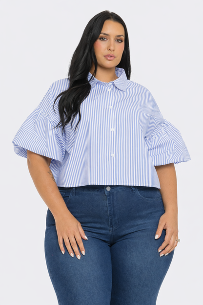 Plus Size Stripe Button Down Bubble Sleeve Shirts Crop Top : Mocha / 2-2-2 (1XL-2XL-3XL)