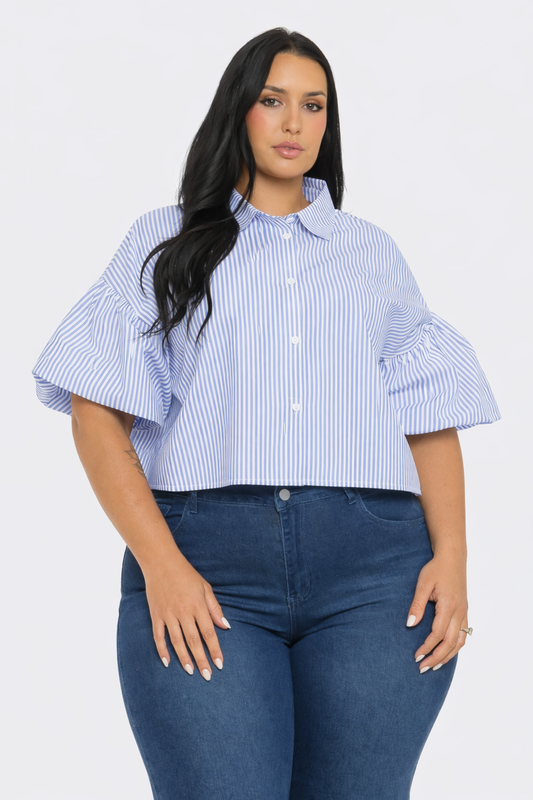 Plus Size Stripe Button Down Bubble Sleeve Shirts Crop Top : Blue / 2-2-2 (1XL-2XL-3XL)