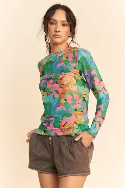 Plus - Vibrant Floral Print Mesh Long Sleeve Top: Pink Multi / 3XL