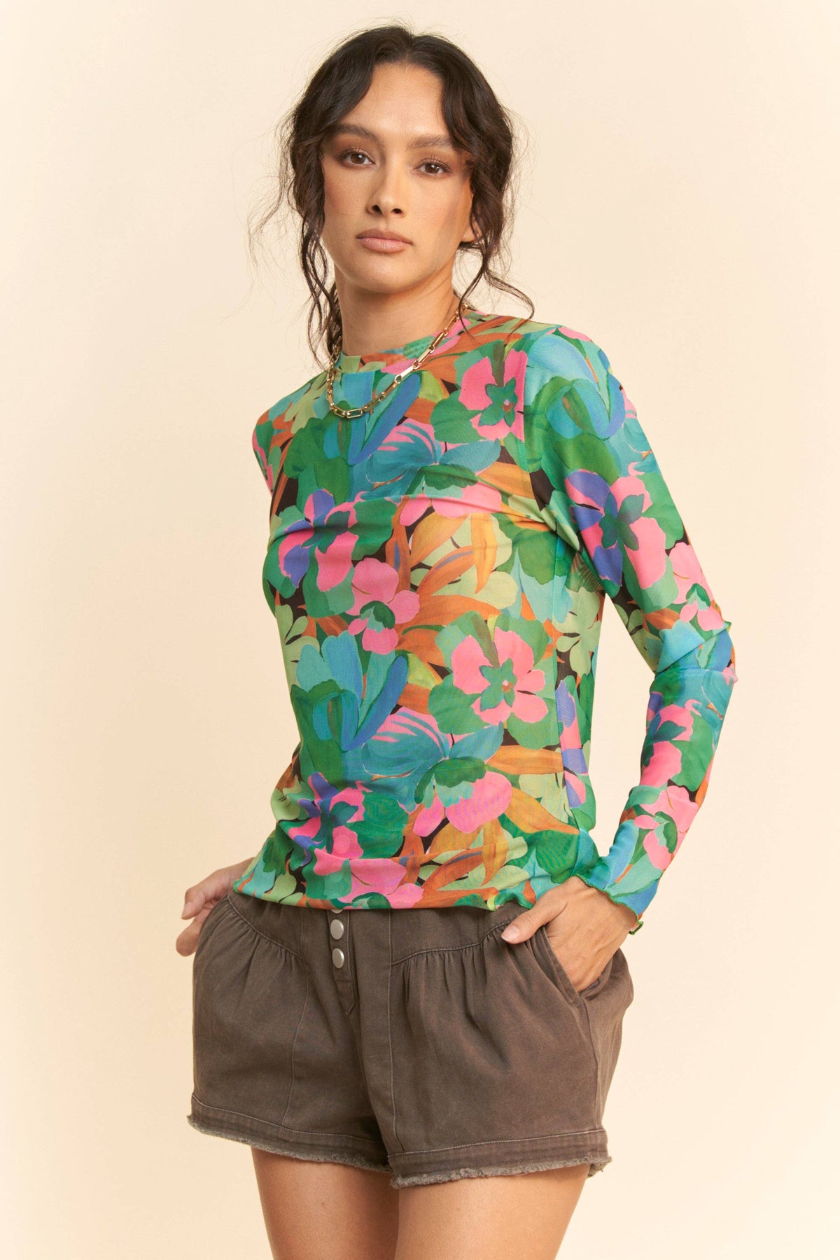Plus - Vibrant Floral Print Mesh Long Sleeve Top: Pink Multi / 1XL
