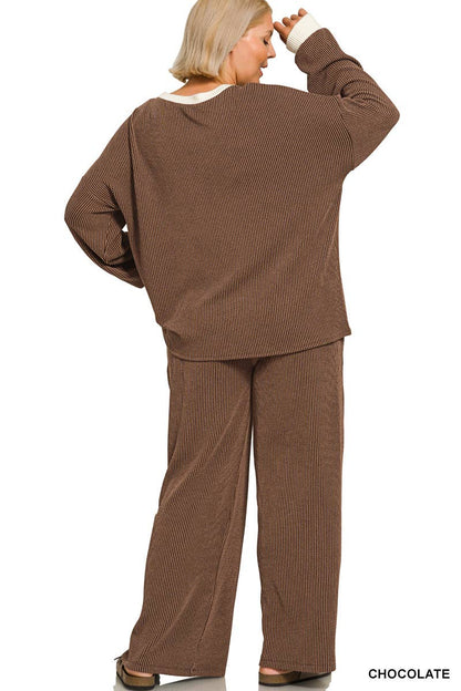 Plus Raised Rib Round Neck Pullover & Pants 2PC Set: +GREY-205252 / 3X