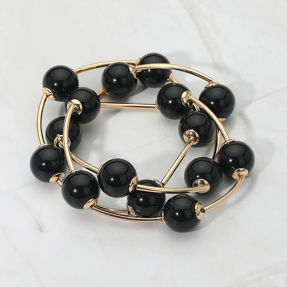 3PCS - Round Ball Wire Beaded Stretch Multi Layered Bracelets: Beige,Gold