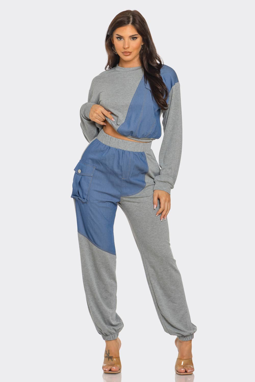 French Terry Color Block Denim Detail Top Pockets Pants Set: Black / 2-2-2 (S-M-L)