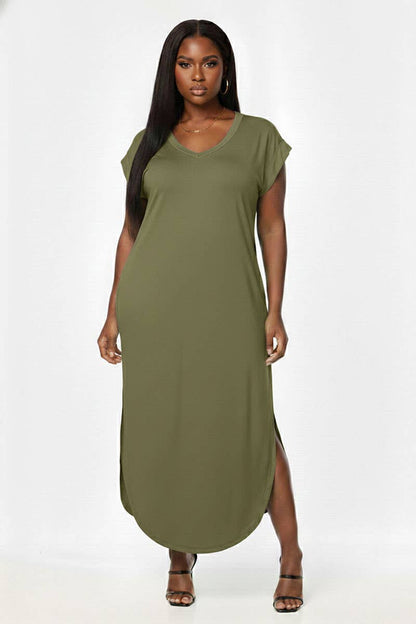 Plus Size Hidden Pocket Batwing Sleeve V Neck Long Dress: FUCHSIA / 2X
