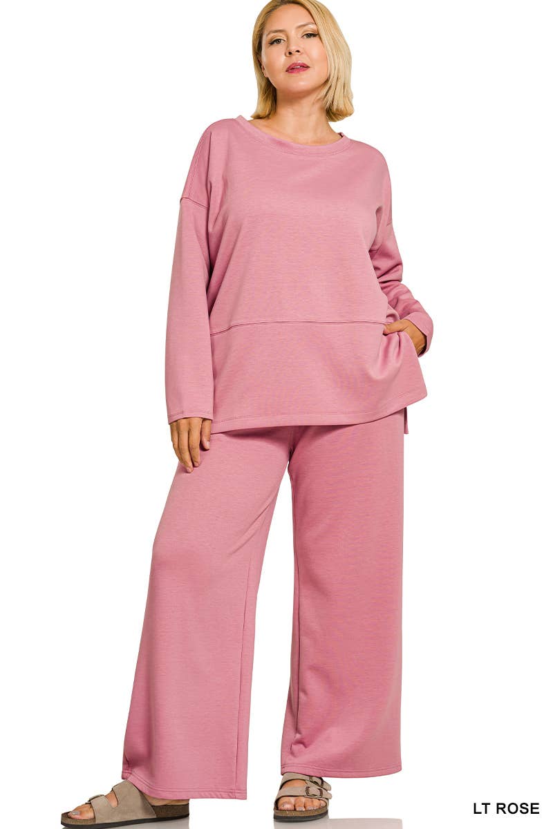 Plus Scuba Side Slit Top & Pants 2PC Set: +HUNTER GREEN-203717 / 1X