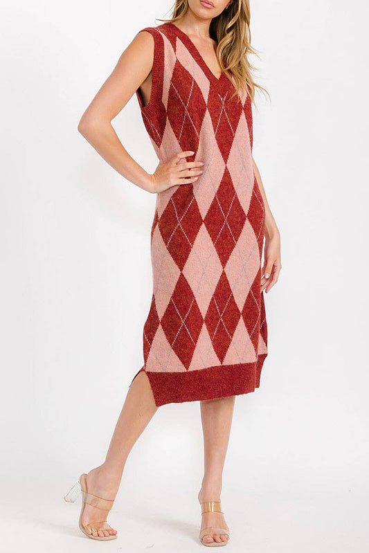 PRINTED COLOR BLOCK V NECK MIDI DRESS: BRICK / L