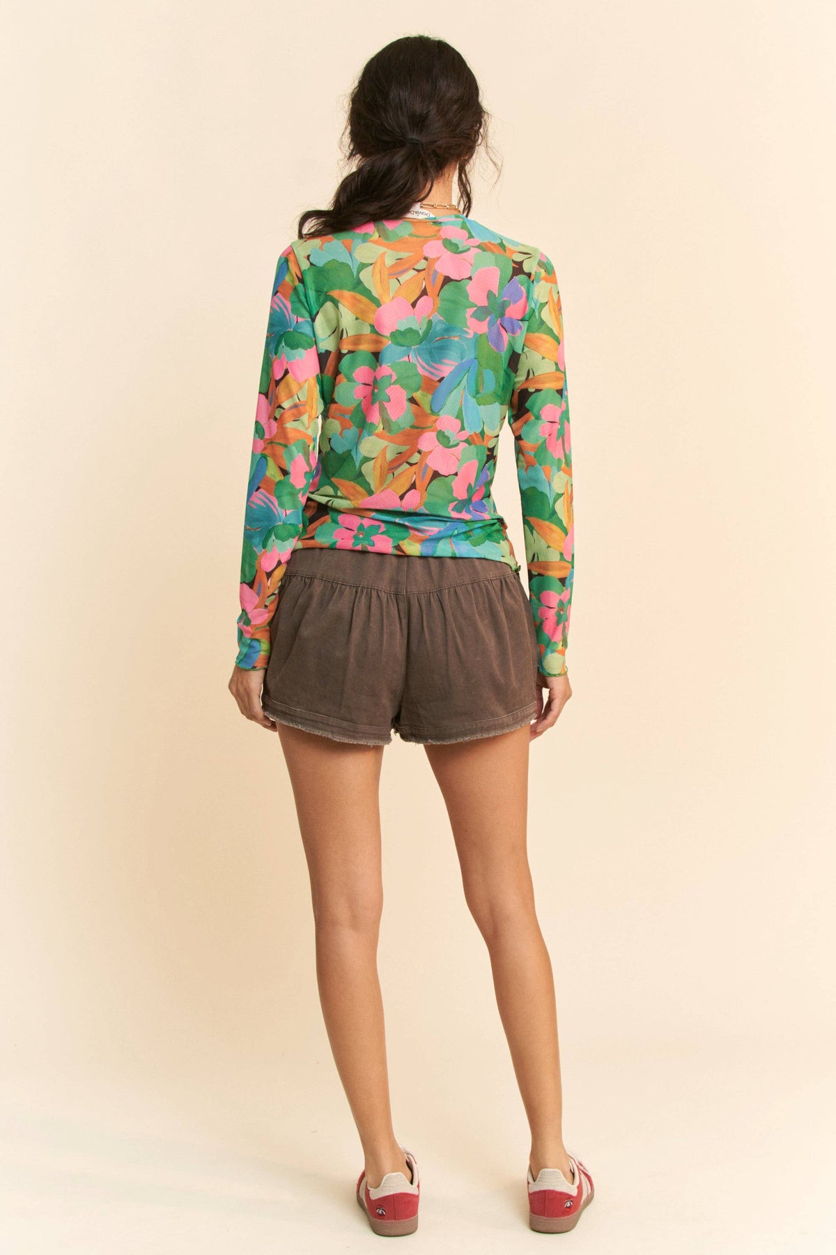 Plus - Vibrant Floral Print Mesh Long Sleeve Top: Pink Multi / 3XL