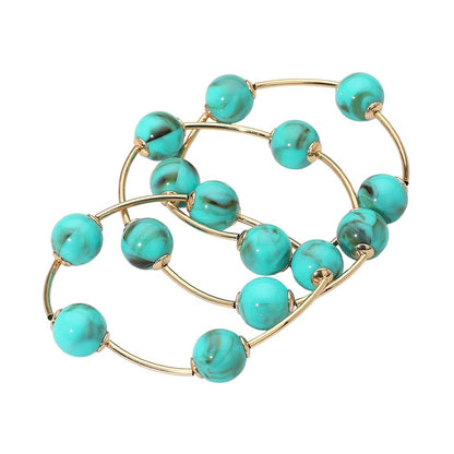3PCS - Round Ball Wire Beaded Stretch Multi Layered Bracelets: Gold,Turquoise