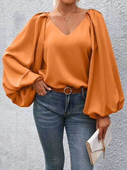 Lantern Sleeve Blouse: Orange / XL