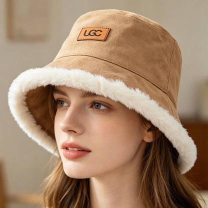 Fleece Trim Suede Bucket Hat With Logo Patch: BG