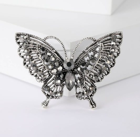 Encrusted Tranparent Gray Butterfly Brooch