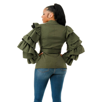 Plus Layered Ruffle Sleeve Waist Tie Blazer Jacket: OLIVE / 1XL-2XL-3XL(1-1-1)