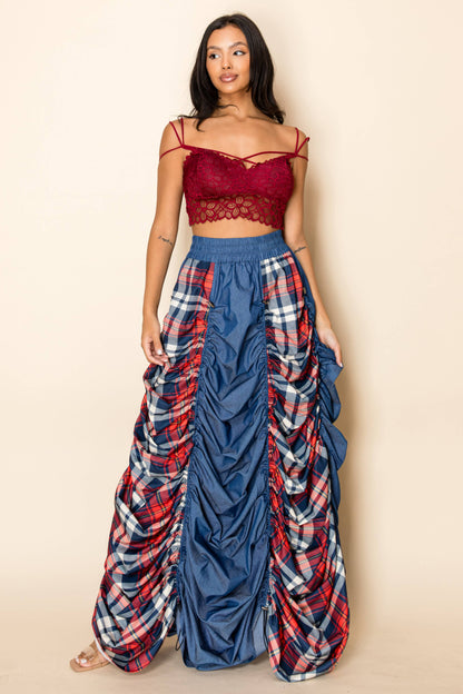 PLAID AND DENIM MAXI SKIRT WITH DRAWSTRINGS