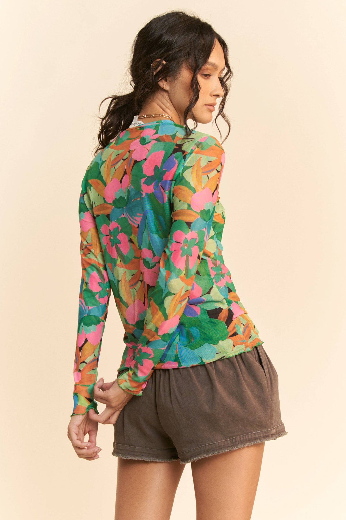 Plus - Vibrant Floral Print Mesh Long Sleeve Top: Pink Multi / 1XL